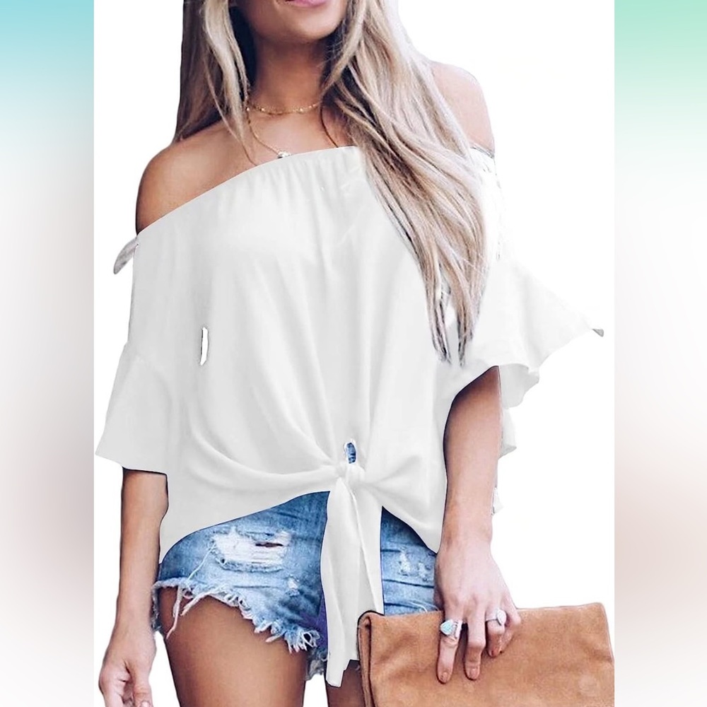 EUC White 3/4 Flare Sleeve Off-The-Shoulder Blouse, Size: M